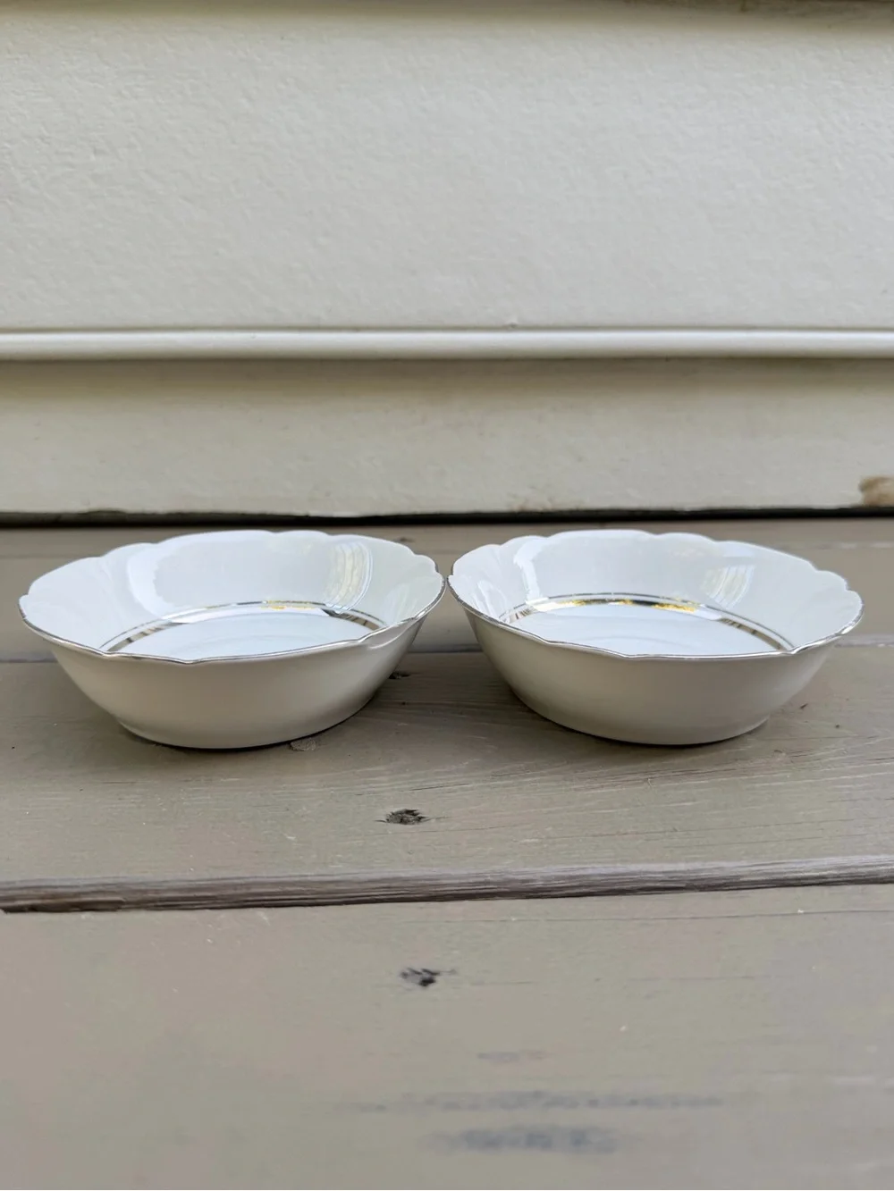 2 X Cmielow Porcelain Scalloped Rim Fruit Bowls with Silver Trim made in Poland